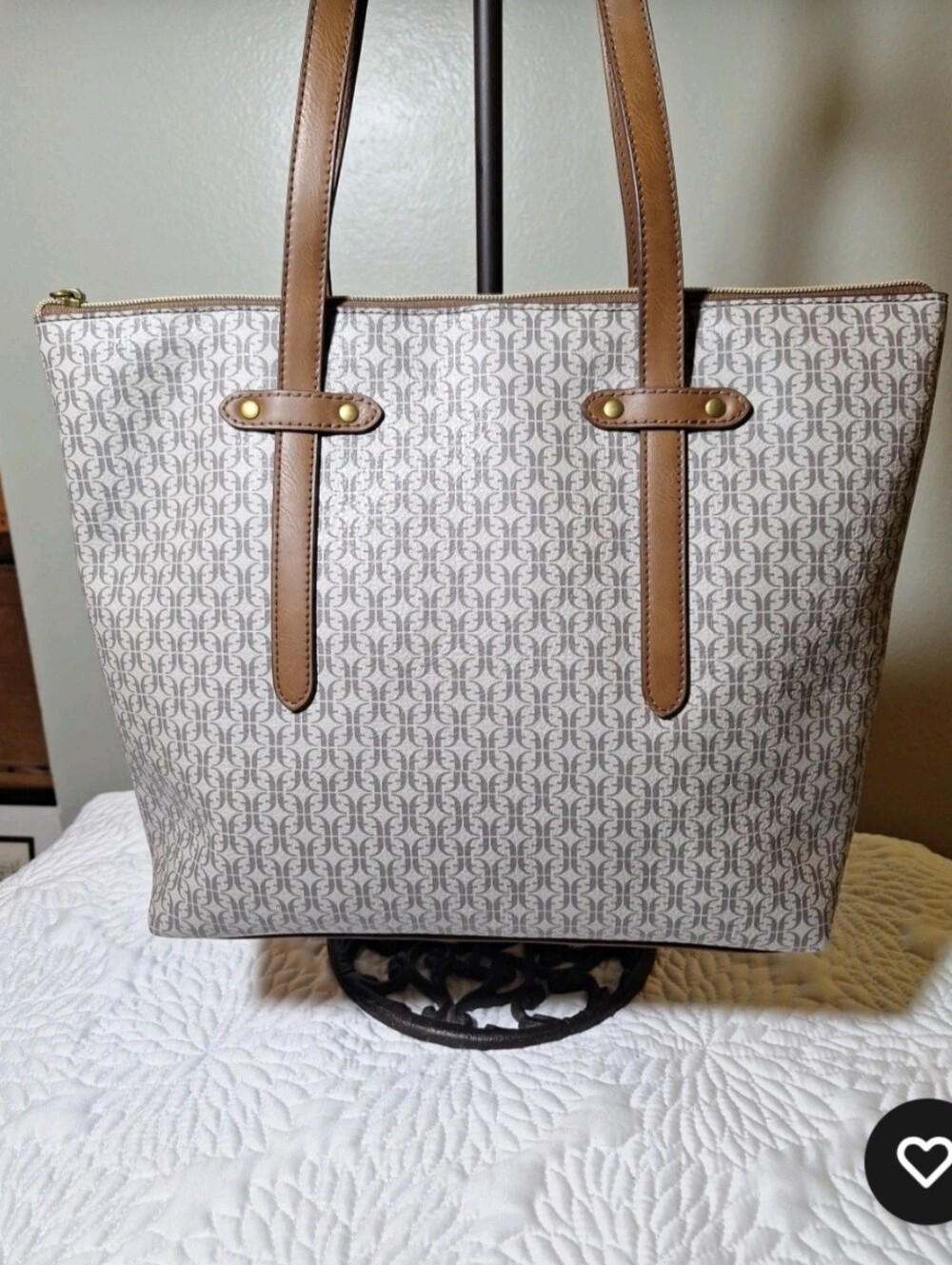 Fossil Gray Patterned Tote with Tan Leather Trim - Picture 2 of 5